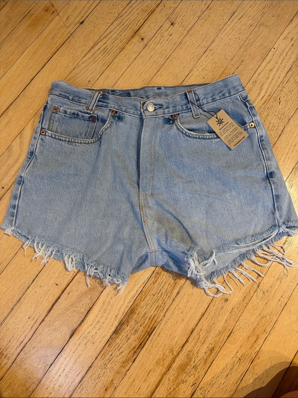 Levi upcyled Blue Denim Shorts - Women's High-Rise Frayed Hem, size 8 32”